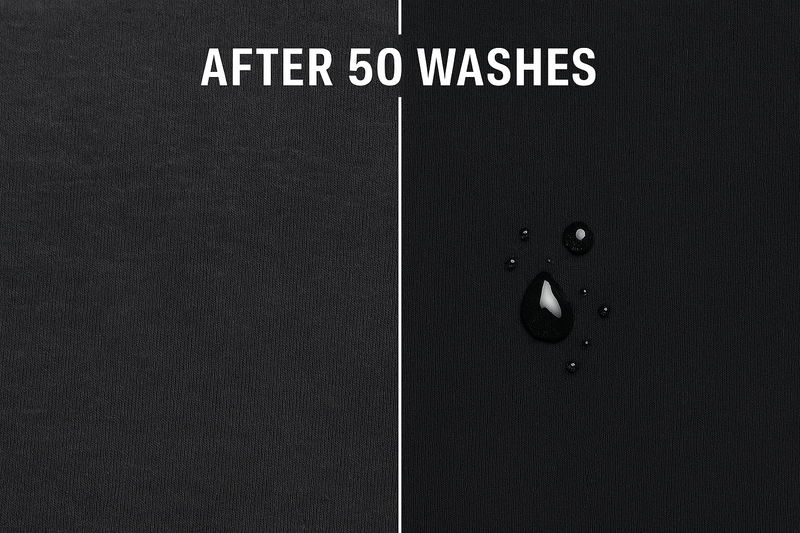 Comparison of a black fabric sample before and after 50 washes, with visible staining.