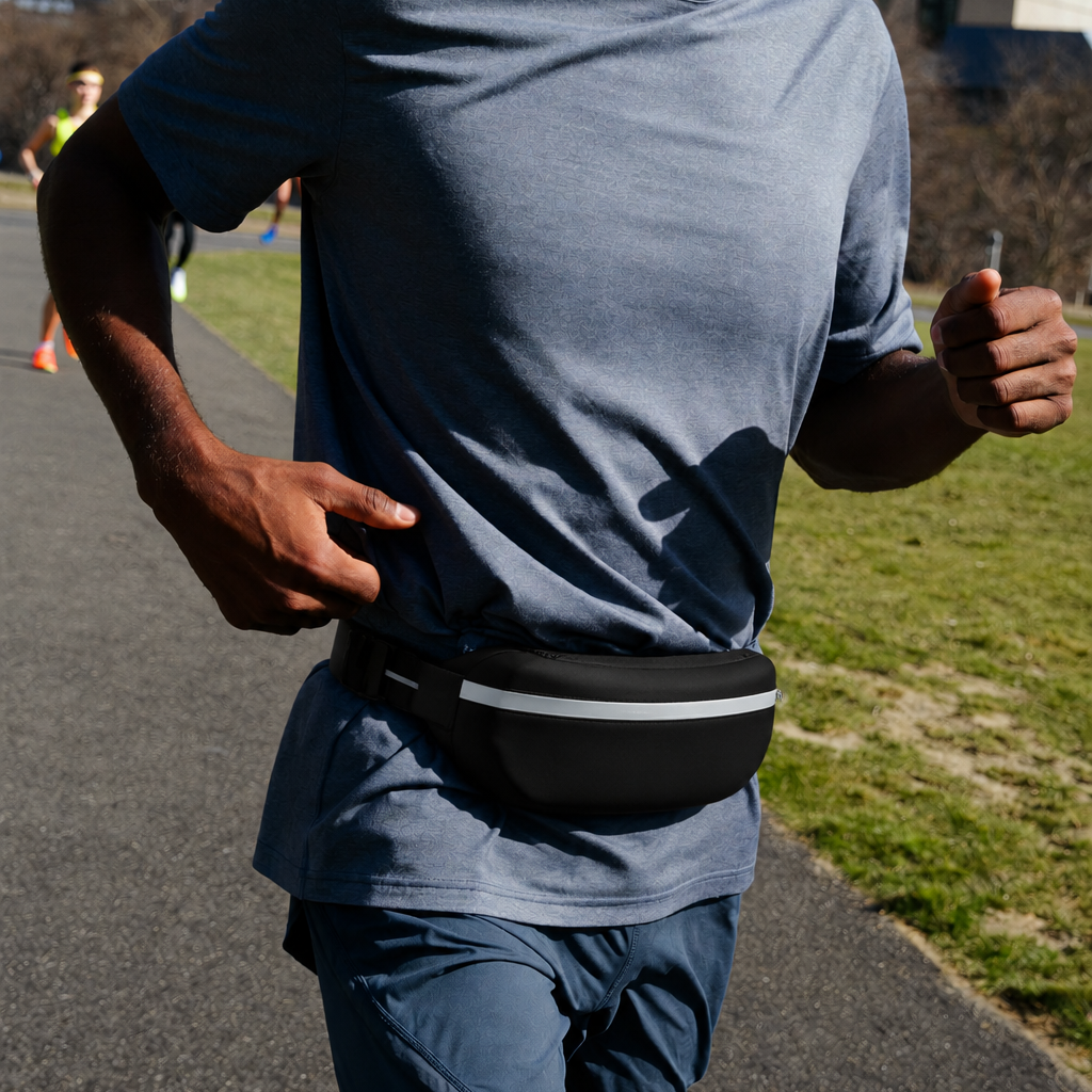 A man running outdoors wearing a black and gray crossbody fanny pack around his waist, a slate blue t-shirt, and blue running shorts.