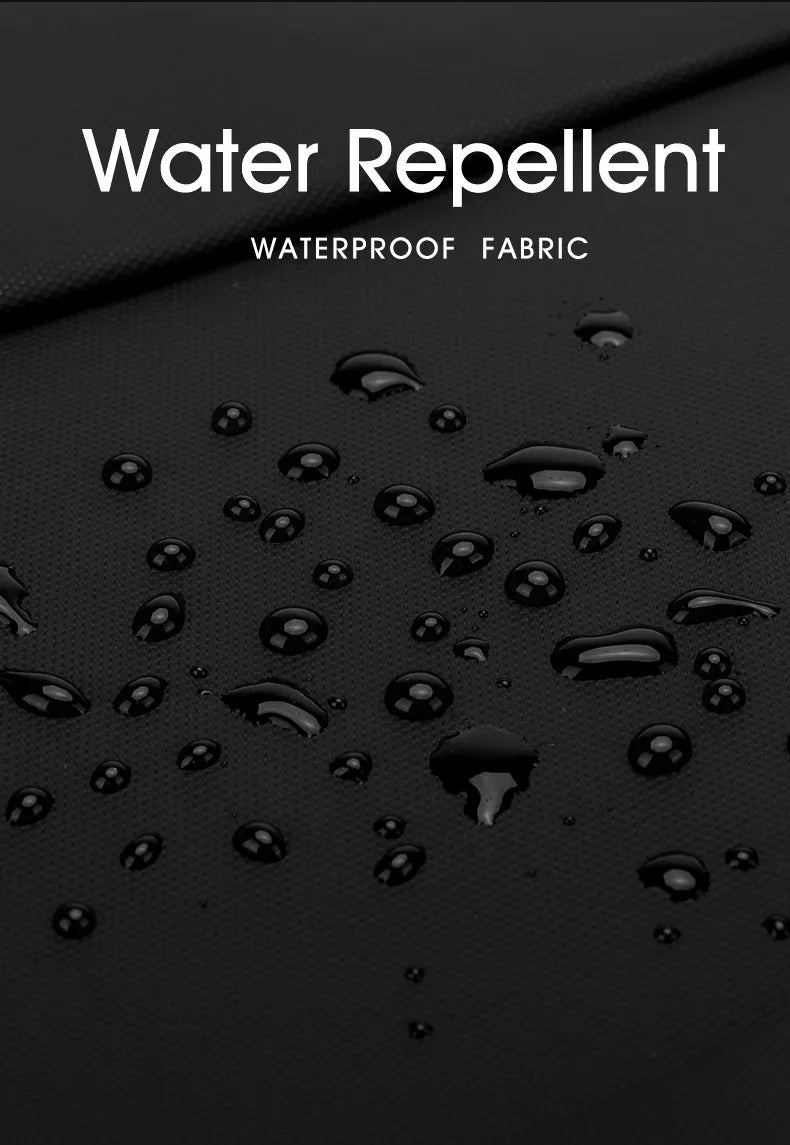 Water droplets on waterproof fabric with text 'Water Repellent' and 'Waterproof Fabric'.