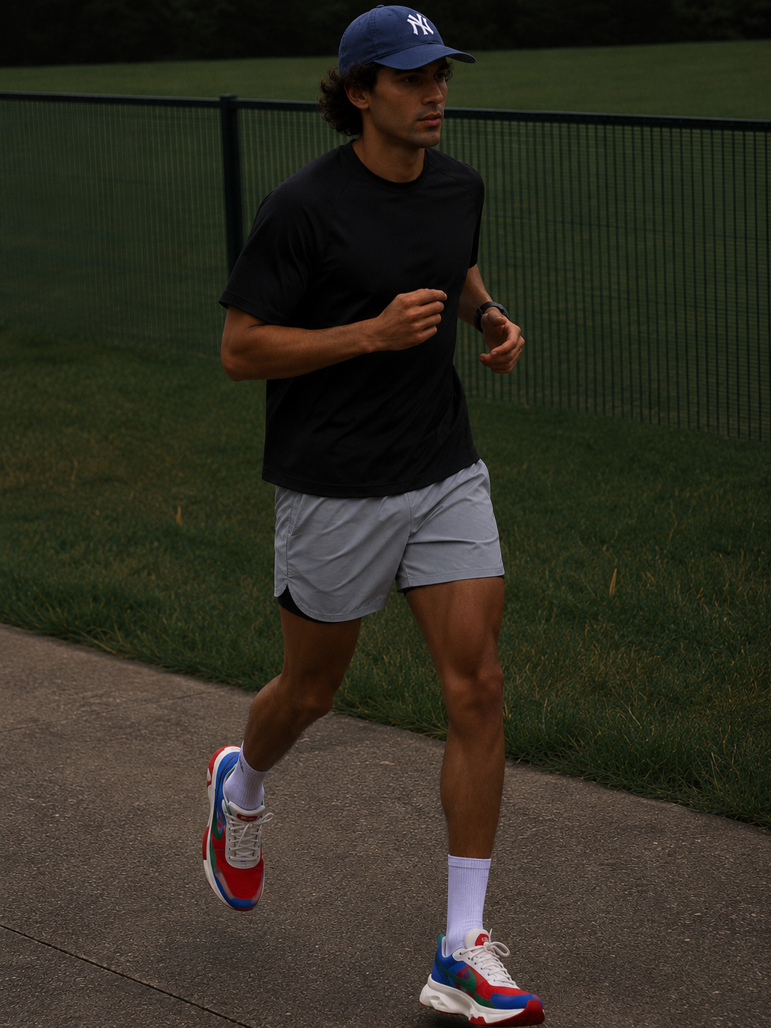 Man running on a sidewalk with grass in the background