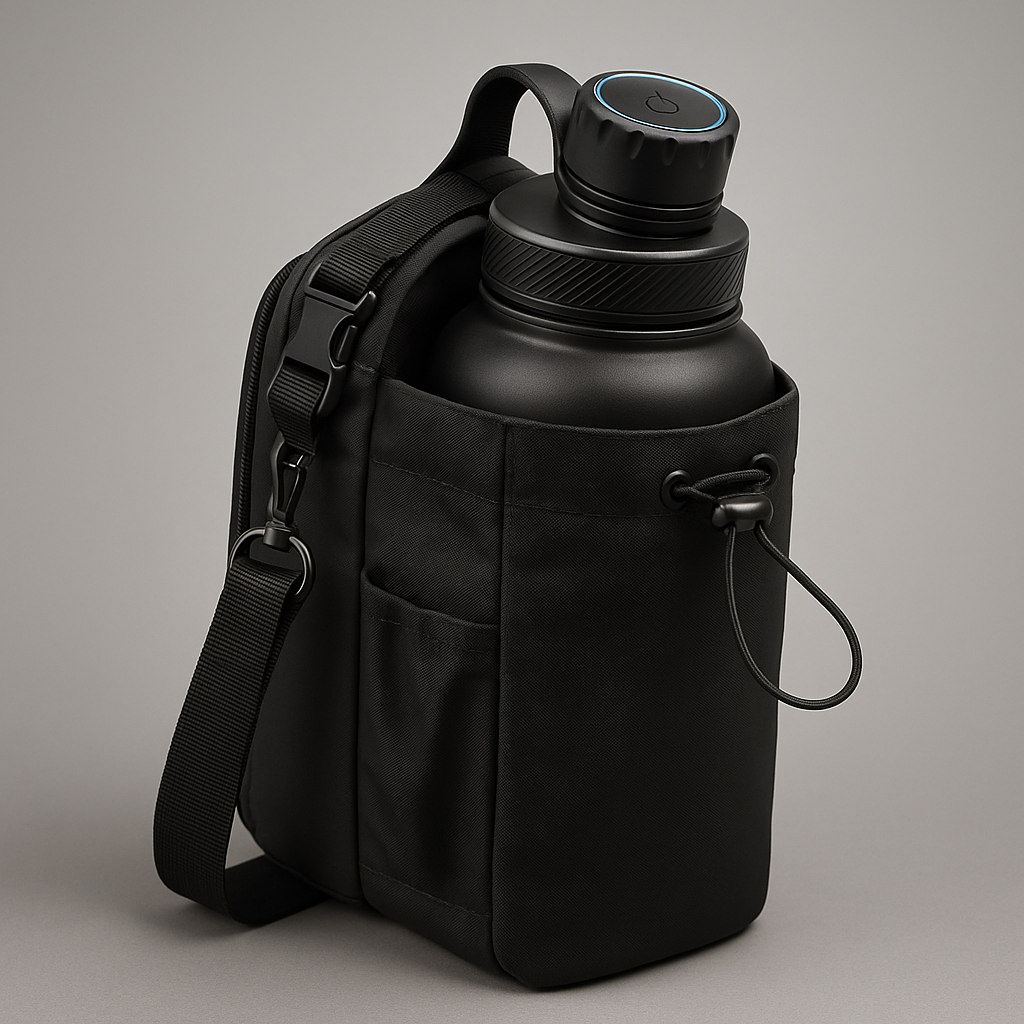 Black water bottle with carrying strap on a gray background