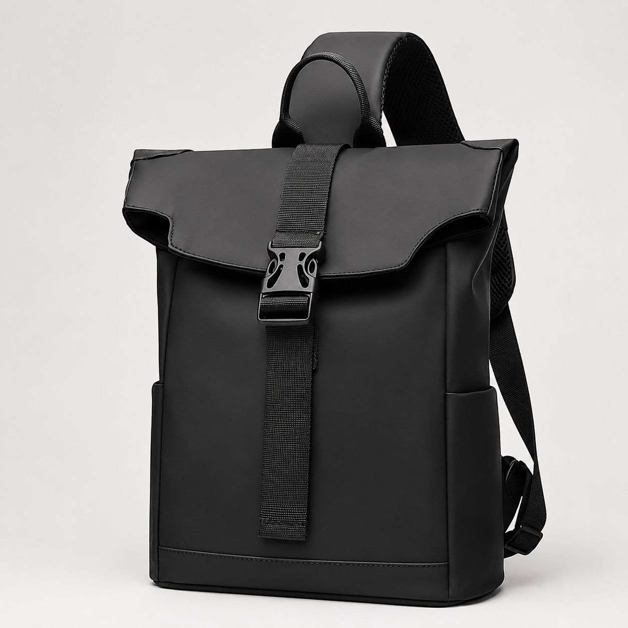 A black roll-top backpack with a front flap, adjustable webbing strap, and top handle, photographed on a light gray studio background.