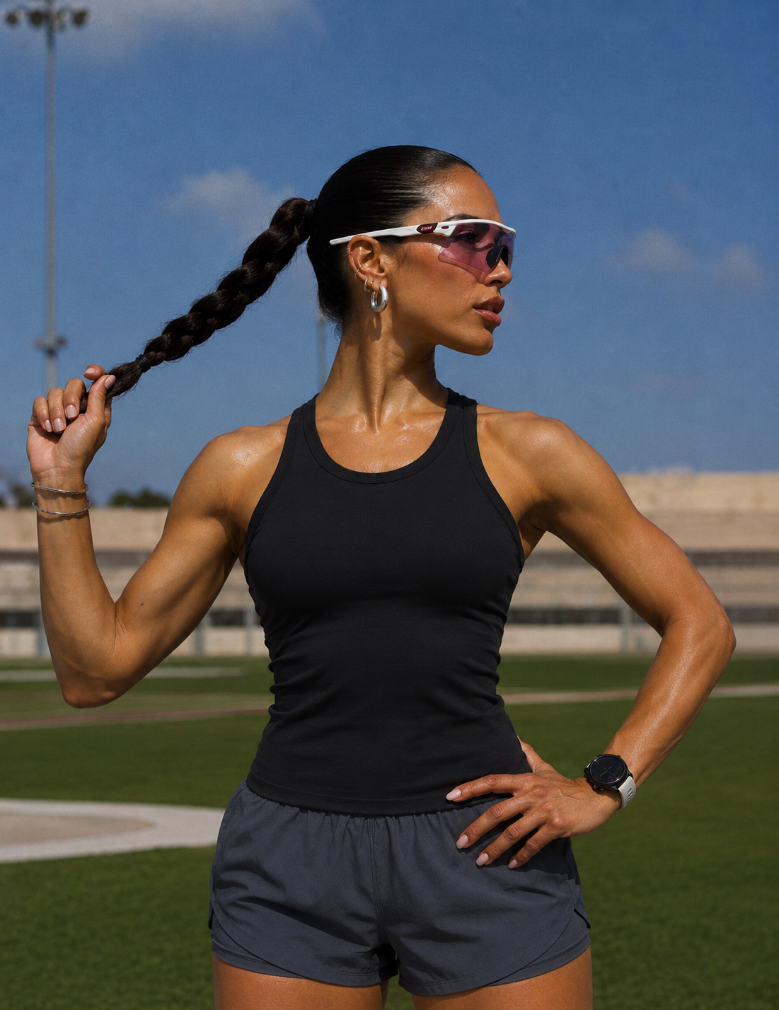 Athletic woman in black tank top and shorts on a sports field