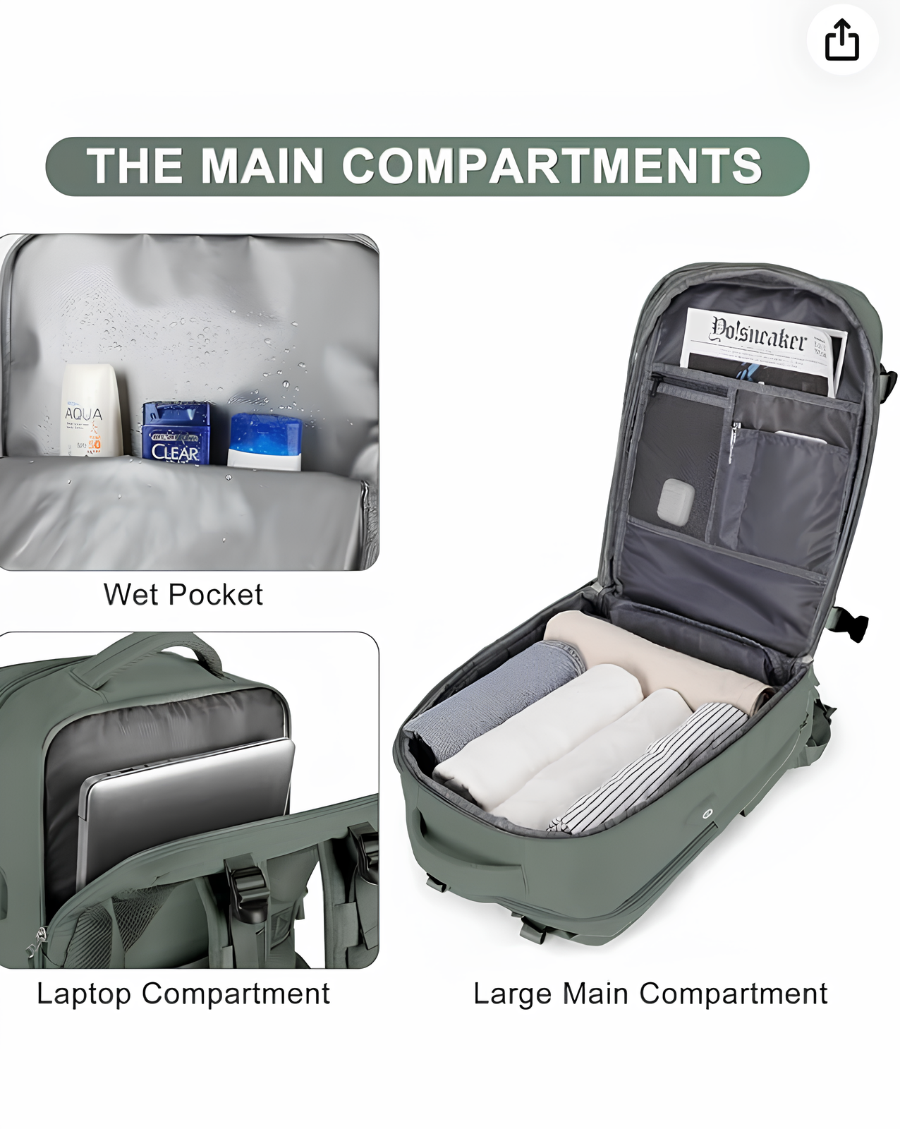 Green suitcase with compartments labeled 'Wet Pocket', 'Laptop Compartment', and 'Large Main Compartment'.