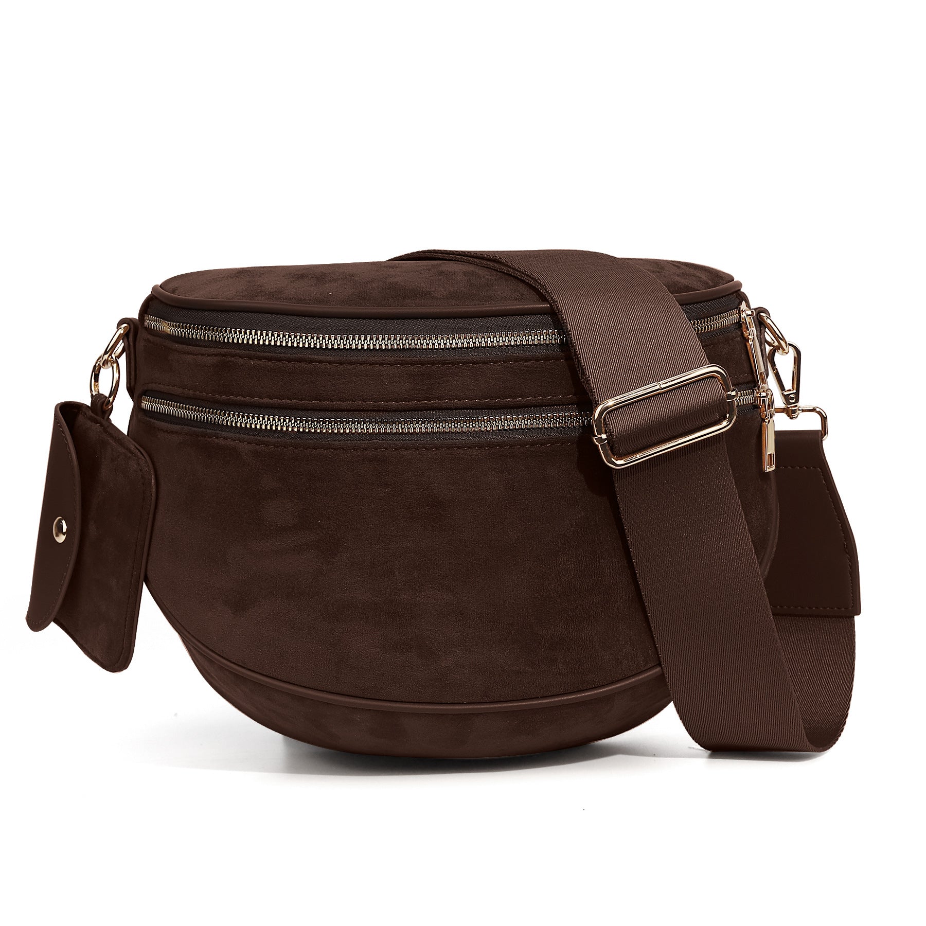 Brown leather crossbody bag with gold hardware on a white background