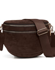 Brown leather crossbody bag with gold hardware on a white background