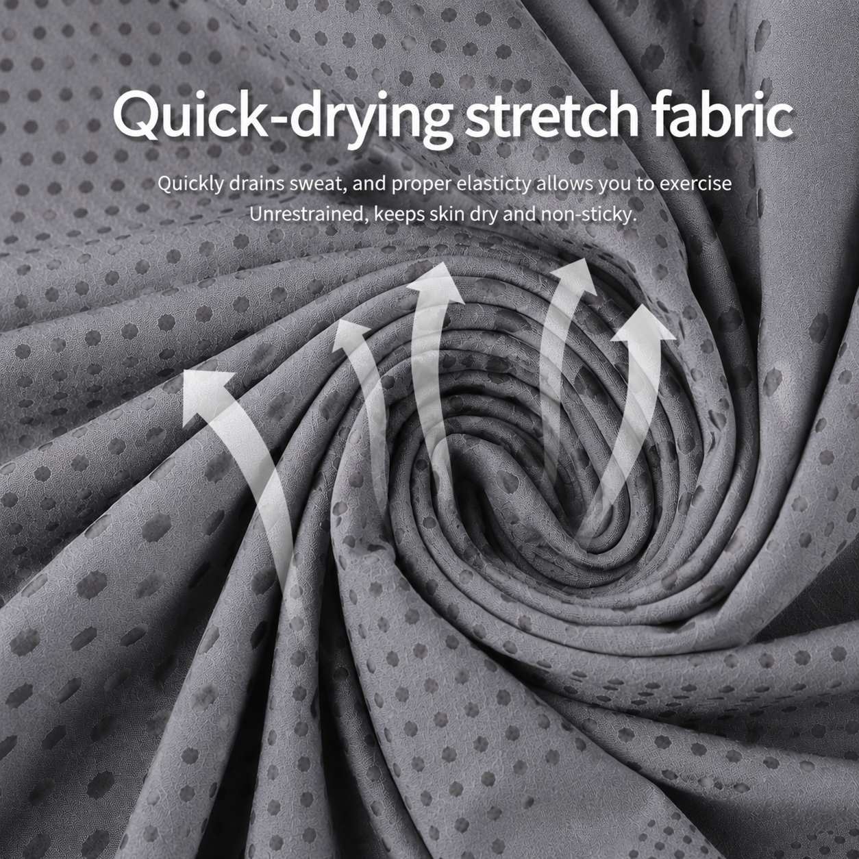 Gray quick-drying stretch fabric with text on its properties