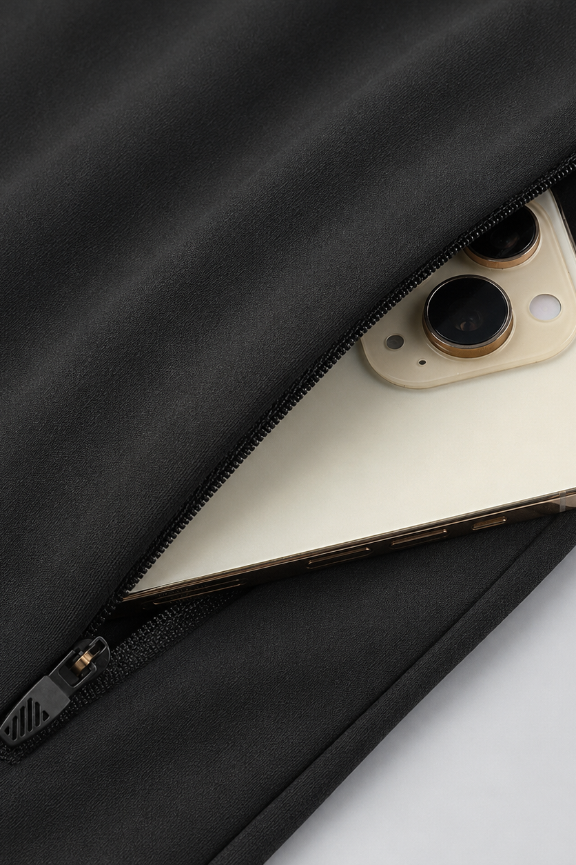 Gold smartphone inside a black jacket pocket on a light gray background
