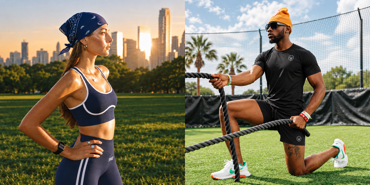 A split-screen lifestyle image showing two women in athletic wear. On the left, a woman in a navy blue sports bra and matching leggings stands in a park with a city skyline at sunset.