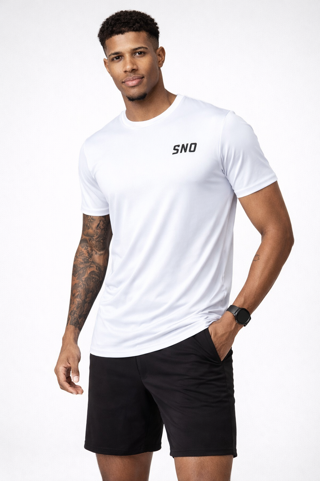 Man wearing a white t-shirt with 'SNO' logo and black shorts on a white background