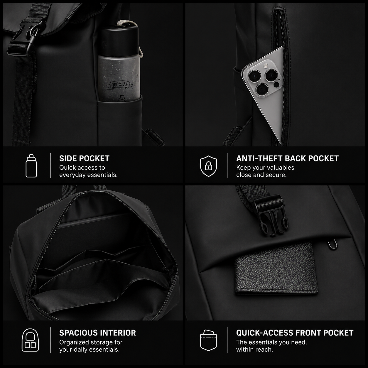 A four-panel product feature collage of a black crossbody bag on a dark background, showing a side pocket with a water bottle, an anti-theft back pocket with a phone, a spacious interior, and a quick-access front pocket.
